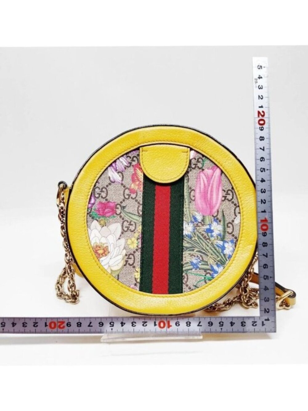 Authentic Gucci Ophidia Flora Round Mini Crossbody Bag Yellow Leather GG Supreme - Picture 3 of 16